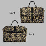 A front and back image of the Leopard print satchel by Alternawear