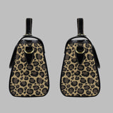 side views of the Leopard print satchel bag by Alternawear, showing the top carry handle and the rings for use with the detachable strap