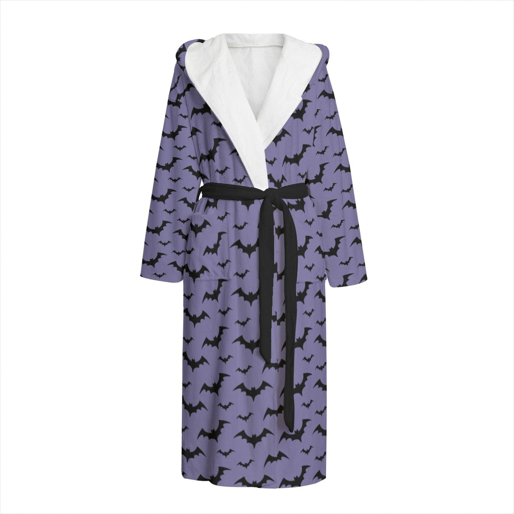 Purple robe with black bat pattern and white hood on a white background by Alternawear