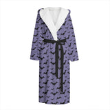 Purple robe with black bat pattern and white hood on a white background by Alternawear