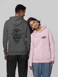 'Til Death Do Us Part' Hoodie's being  worn by a man in grey  facing away and a women in light pink facing forward leaning on the man.