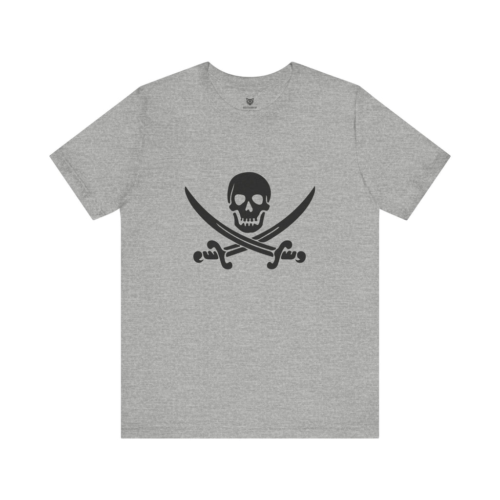 A grey t-shirt with a black pirate skull and crossing cutlasses print on the front by Alternawear
