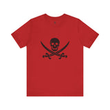 A red t-shirt with a black pirate skull and crossing cutlasses print on the front by Alternawear