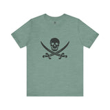 A green t-shirt with a black pirate skull and crossing cutlasses print on the front by Alternawear