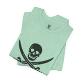 A mint green t-shirt with a black pirate skull and crossing cutlasses print on the front by Alternawear, folded flat on top of a second identical t-shirt.