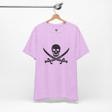 A pink t-shirt with a black pirate skull and crossing cutlasses print on the front by Alternawear