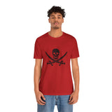 A red t-shirt with a black pirate skull and crossing cutlasses print on the front by Alternawear, being worn by a male model.