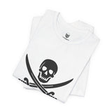A white t-shirt with a black pirate skull and crossing cutlasses print on the front by Alternawear, folded flat on top of a second identical t-shirt.