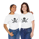 A white t-shirt with a black pirate skull and crossing cutlasses print on the front by Alternawear, being worn by two female models.