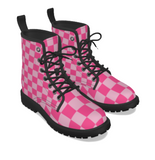 Pink checkered lace up boots by Alternawear clothing with black laces on a white background