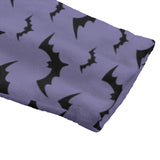 Close up of a sleeve of  a Purple dressing gown with black bat patterns on a white background by Alternawear.
