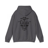 'Til Death Do Us Part' text in black on a dark grey hoodie by Alternawear.