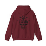 'Til Death Do Us Part' text in black on a dark red hoodie by Alternawear.