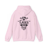 'Til Death Do Us Part' text in black on a light pink hoodie by Alternawear.