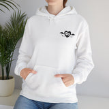 'Til Death Do Us Part' Hoodie by Alternawear in white, modelled by a woman with hands in the front pocket.