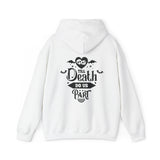 'Til Death Do Us Part'  black print on a white hoodie back print