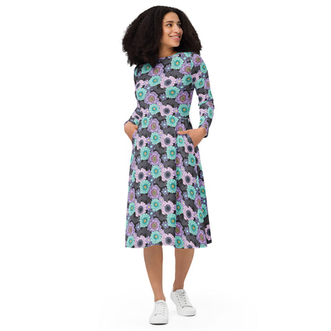 Floral Bat Long Sleeved Ladies Midi Dress with Pockets