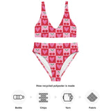 pink and red checkered two piece bikini on a white background