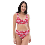 A model wearing a two-piece bikini set with a cherry check pattern on a white background.