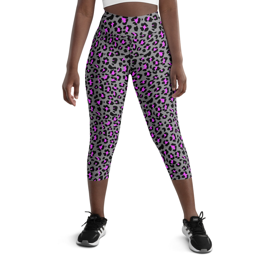 Grey & Pink Cheetah High Waisted Yoga Capri Leggings