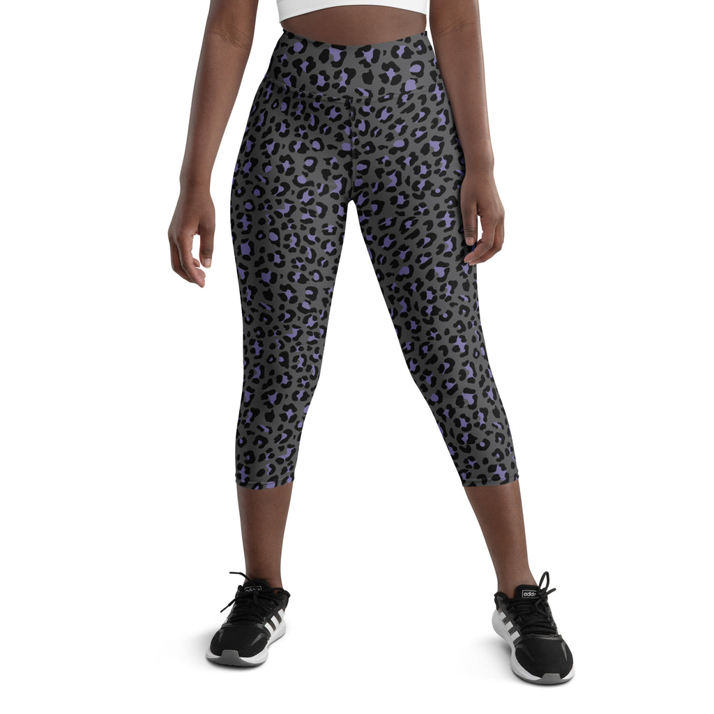 Grey Lilac Leopard Print High Waisted Yoga Capri Leggings