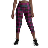 Pink tartan active wear gym leggings capri on a model showing front view