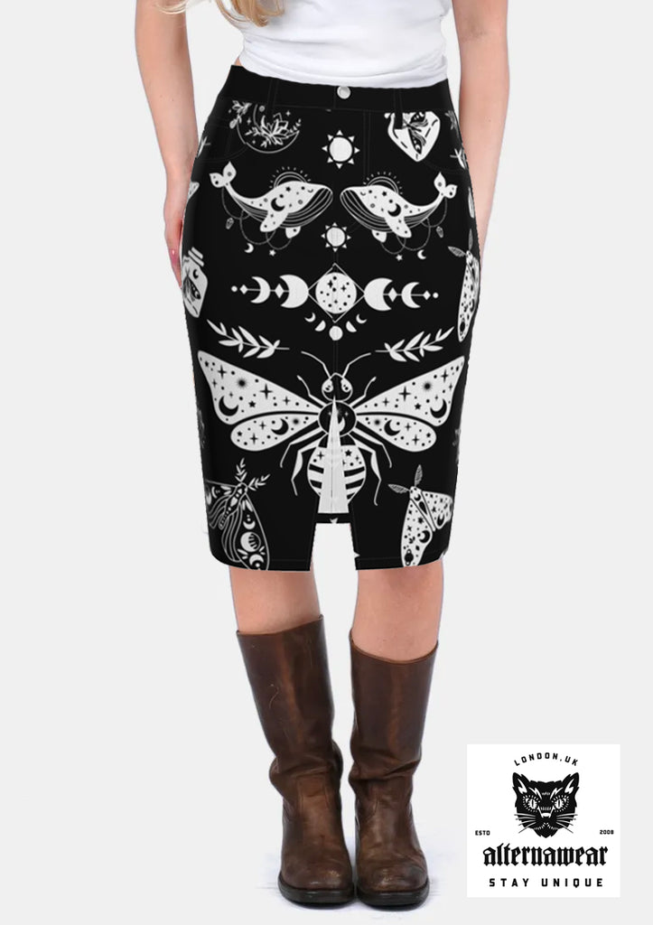 Celestial Moth Gothic Denim Skirt
