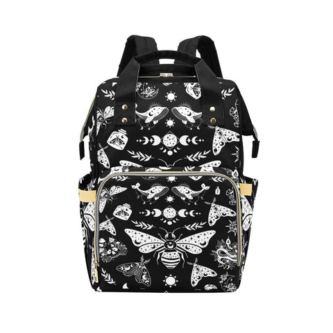 Black Witchy Skulls Celestial Goth Moth Diaper Backpack Mommy Bag Travel Changing Nappy