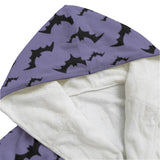 Close up  of the hood of a Purple dressing gown with black bat pattern and white fleece lining by Alternawear