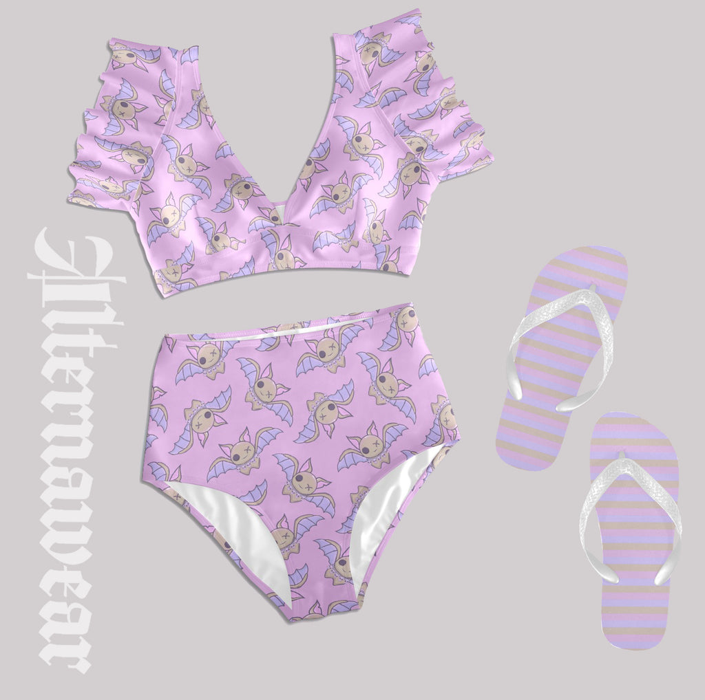 Cute Kawaii Pastel Bat Print Two Piece Frill Bikini
