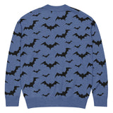 back view no person Cozy knitted cardigan with bat print, featuring a relaxed unisex fit and soft jacquard knit texture — perfect for goth and spooky fashion lovers