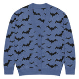 front view no person Cozy knitted cardigan with bat print, featuring a relaxed unisex fit and soft jacquard knit texture — perfect for goth and spooky fashion lovers