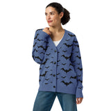 front view on a lady cozy knitted cardigan with bat print, featuring a relaxed unisex fit and soft jacquard knit texture — perfect for goth and spooky fashion lovers