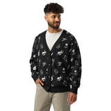 man wearing a unisex cardigan with doodle tattoo print all over