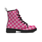 Pink and black checkered boot on a white background