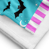 close up of blue bat beach towels for goths