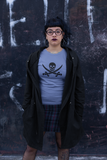 goth girl with black hair wearing a pirate skull and crossbones t-shirt