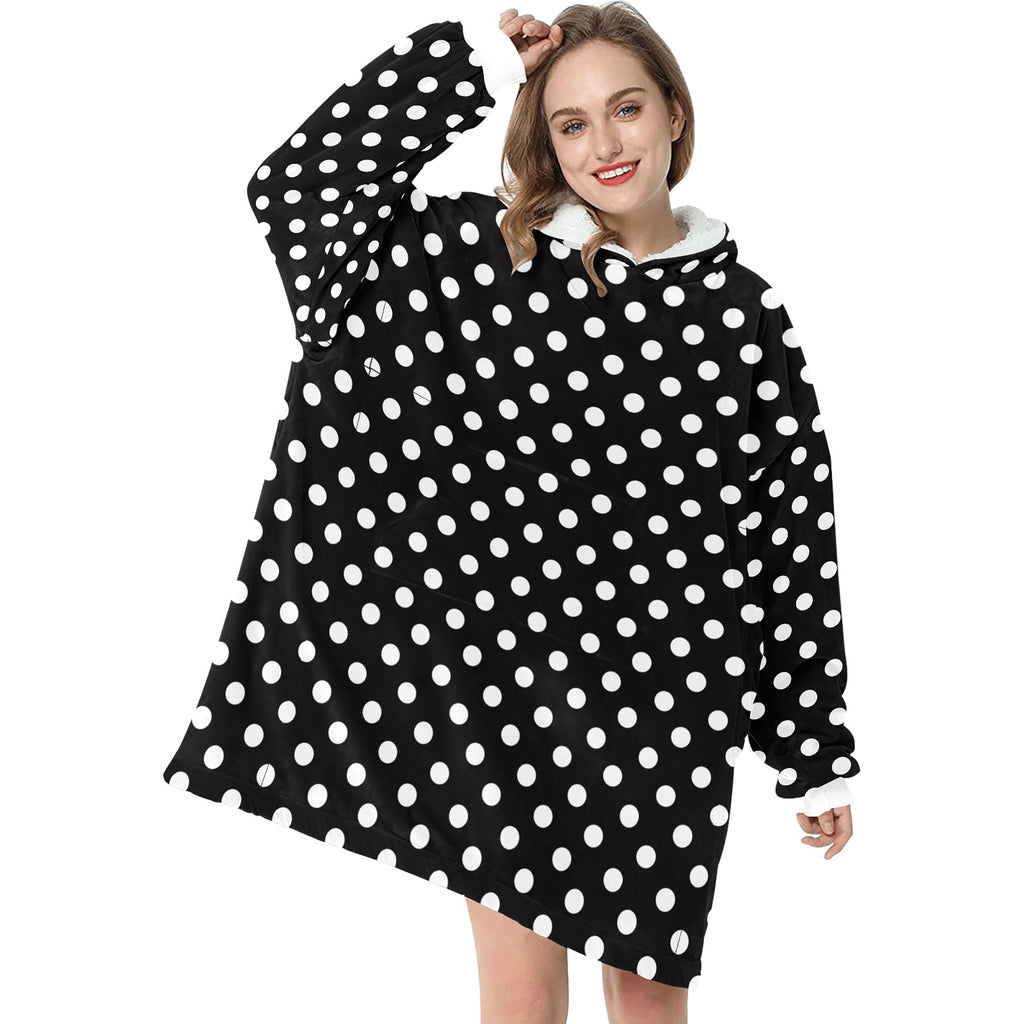 Black & White Polka Dot Print Blanket Hoodie Adults & Kids Sizes