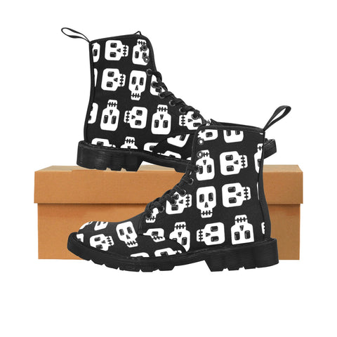 Black & White Block Skull Print Ladies Lace Up Canvas Boots