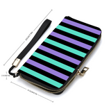 aqua, purple and black striped purse showing dimensions