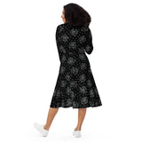Black Roses & Dots All-over Print Long Sleeve Midi Dress with Pockets