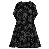 Black Roses & Dots All-over Print Long Sleeve Midi Dress with Pockets