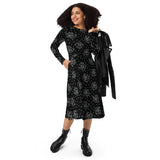 Black Roses & Dots All-over Print Long Sleeve Midi Dress with Pockets