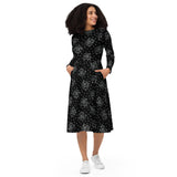 Black Roses & Dots All-over Print Long Sleeve Midi Dress with Pockets