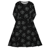 Black Roses & Dots All-over Print Long Sleeve Midi Dress with Pockets