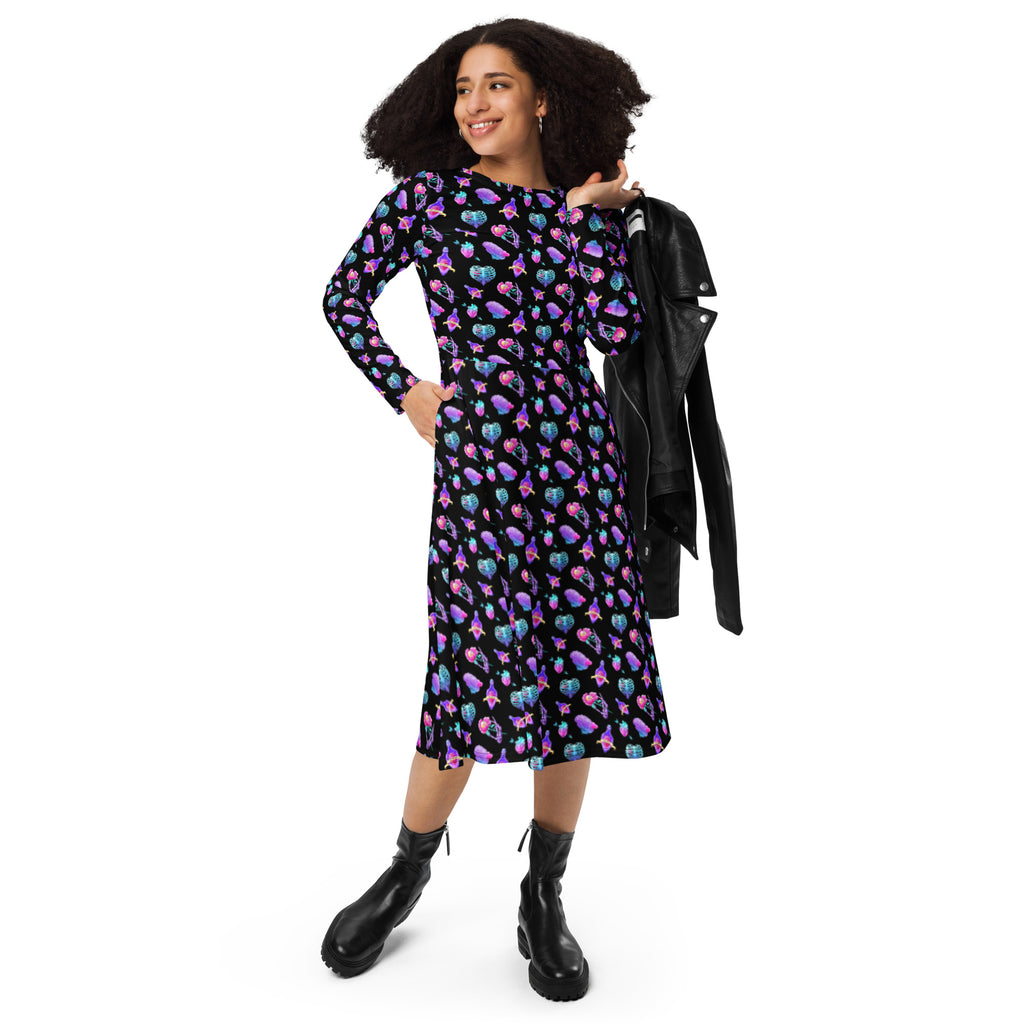 Creepy Valentine Print Long Sleeve Midi Dress with Pockets