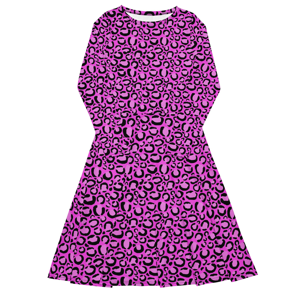 Pink Leopard Print Ladies All-over print long sleeve midi dress with pockets