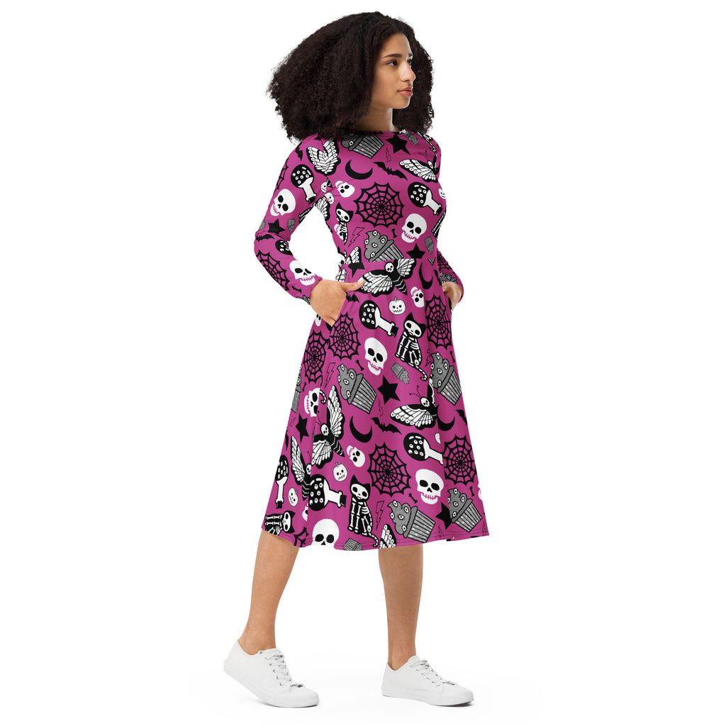 Spooky Pink Ladies Long Sleeve Midi Dress with Pockets