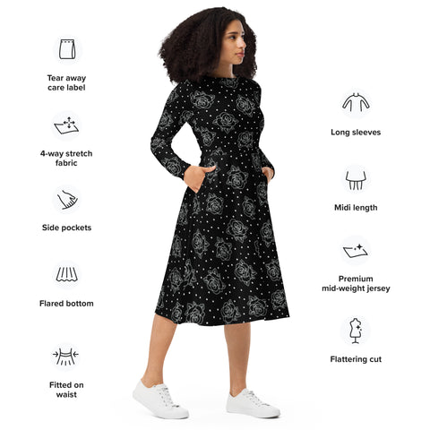 Black Roses & Dots All-over Print Long Sleeve Midi Dress with Pockets