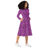 Pink Leopard Print Ladies All-over print long sleeve midi dress with pockets